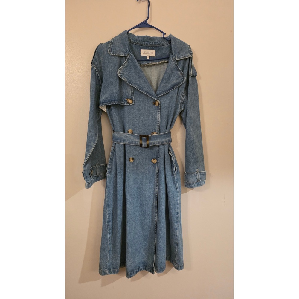 Veveret Womens Denim Trench Coat Medium Wash Blue Belted Double Breasted S